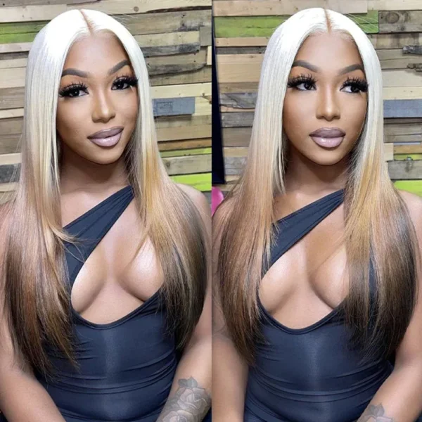 Ombre Colored Lace Front Wig Synthetic Brown Wig Blonde 613 Roots With Black Ends Body Wave Transparent Lace Frontal Wig Cosplay - Image 6