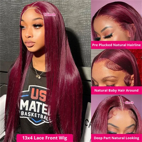 99J Colored Lace Front Human Hair Wigs Straight Burgundy 13x4 HD Transparent Full Lace Frontal Wig Red Glueless Wigs For Women - Image 2