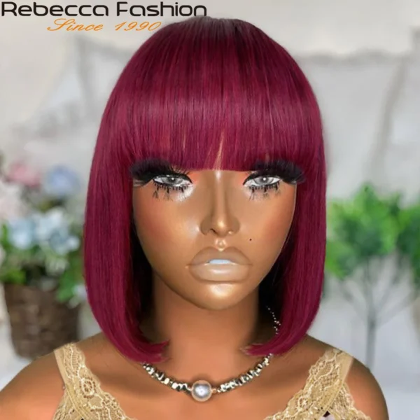 99J Colored Short 180D Colored Short 180D Straight Brazilian Human Hair Bob Wigs with Bangs Remy Full Machine Made for Women - Image 12