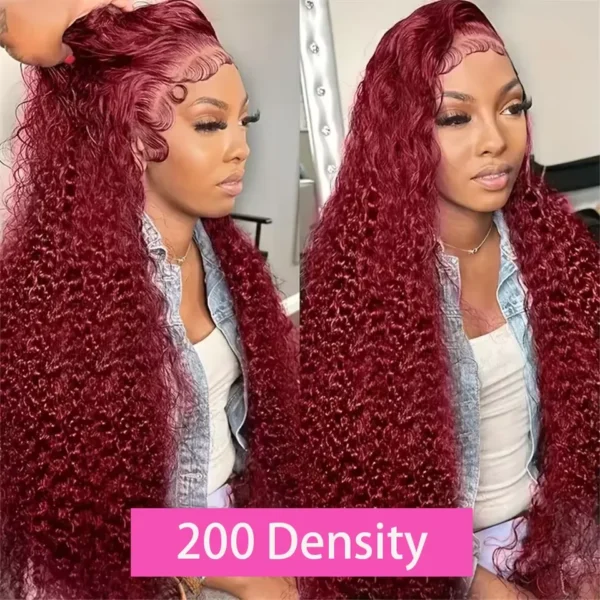 46 long inches 13x6 HD Front Wigs Transparent Lace wigs 200 Density 99j Burgundy deep wave human hair in Brazilian human hair - Image 2
