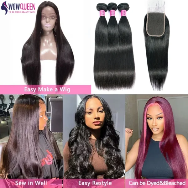 Straight Human Hair Bundles with Closure 2x6 4x4 Raw Brazilian Hair Extensions Weave 3 4 Bundles with 13x4 Transparent Frontal - Image 5