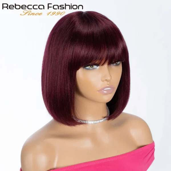 99J Colored Short 180D Colored Short 180D Straight Brazilian Human Hair Bob Wigs with Bangs Remy Full Machine Made for Women - Image 3