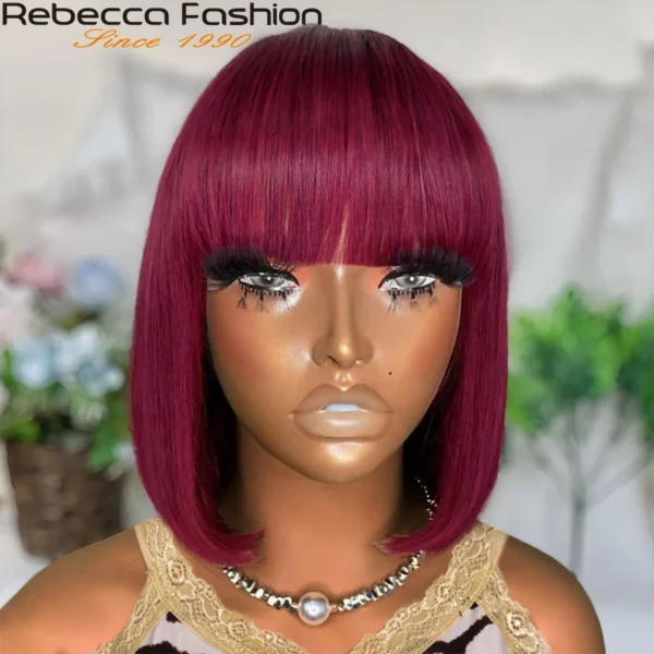 99J Colored Short 180D Colored Short 180D Straight Brazilian Human Hair Bob Wigs with Bangs Remy Full Machine Made for Women - Image 11