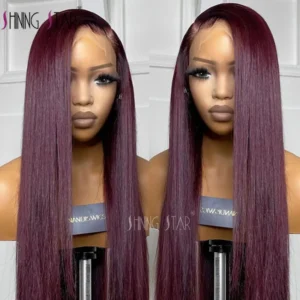 Burgundy Red Bone Straight Lace Front Human Hair Wigs Pre Plucked Colored 99J Red 13x6 Transparent Lace Frontal Wig Human Hair