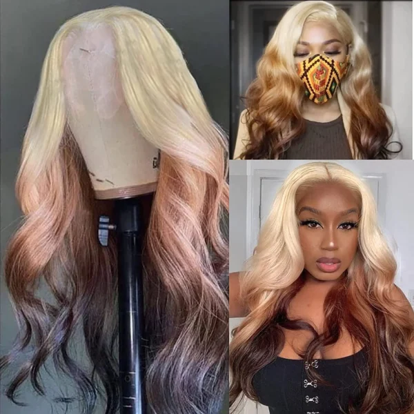 Ombre Colored Lace Front Wig Synthetic Brown Wig Blonde 613 Roots With Black Ends Body Wave Transparent Lace Frontal Wig Cosplay - Image 3