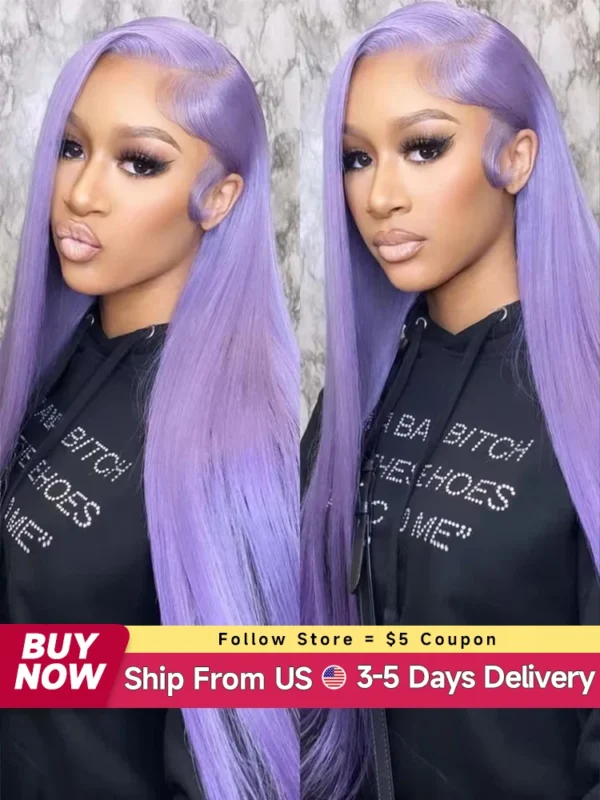 13x6 Purple Lace Front Human Hair Wig 613 Blonde Long Straight Brazilian Remy Pre-Plucked Lavender Colored Wig for Women