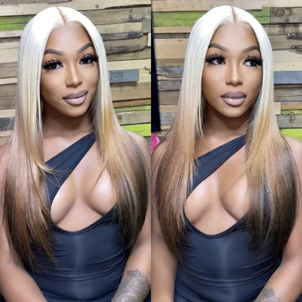 Ombre Colored Lace Front Wig Synthetic Brown Wig Blonde 613 Roots With Black Ends Body Wave Transparent Lace Frontal Wig Cosplay - Image 9