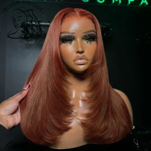 Copper Red Layered Cut Lace Front Wigs Reddish Brown Straight Lace Frontal Wig Layered Glueless Wigs Synthetic Butterfly Haircut