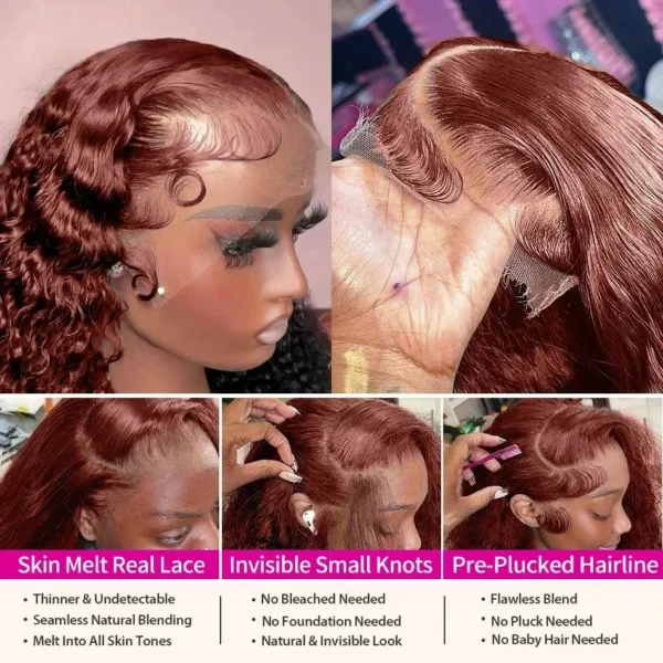 200% Density Reddish Brown Water Wave Lace Front Wig Copper Red HD 13x6 Full Lace Frontal Human Hair Wigs Red Color For Women - Image 9