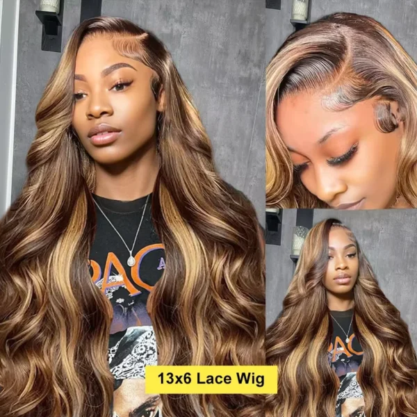 P4/27 Highlight Ombre Brown Body Wave 13x6 Human Hair Wig Honey Blonde Colored 13x4 HD Lace PrePlucked 40 50 Inch Wigs For Women - Image 3