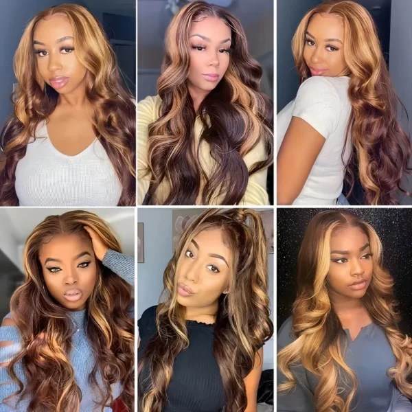 P4/27 Highlight Ombre Brown Body Wave 13x6 Human Hair Wig Honey Blonde Colored 13x4 HD Lace PrePlucked 40 50 Inch Wigs For Women - Image 4