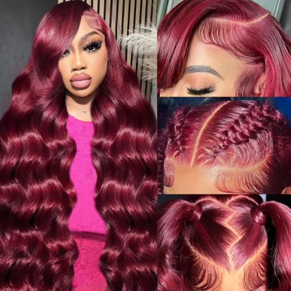 99j Burgundy Body Wave Human Hair 13x6 Hd Transparent Lace Front Wig 13x4 Curly Colored 30 40 Inch Brazilian Hair For Women - Image 8