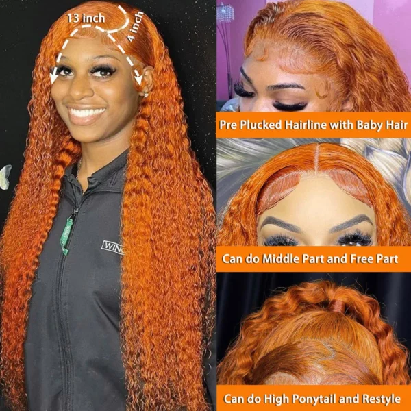 Wiggogo Orange Ginger Lace Front Wig Human Hair 30 Inch Curly Lace Front Human Hair Wig Deep Wave 13X4 13X6 Hd Lace Frontal Wigs - Image 3