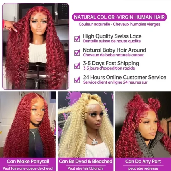 Red Curly Deep Wave Lace Frontal Human Hair Wigs 13x4 13x5 13x6 Curly Wave Lace Frontal Wigs Hair For Black Women 210% Density - Image 6