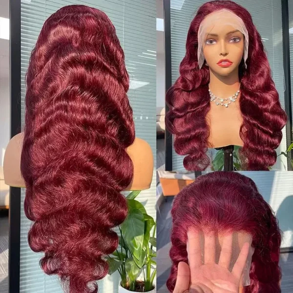 99j Burgundy Body Wave Human Hair 13x6 Hd Transparent Lace Front Wig 13x4 Curly Colored 30 40 Inch Brazilian Hair For Women - Image 9