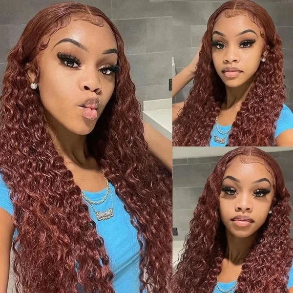 200% Density Reddish Brown Water Wave Lace Front Wig Copper Red HD 13x6 Full Lace Frontal Human Hair Wigs Red Color For Women - Image 4