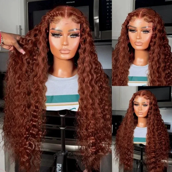 200% Density Reddish Brown Water Wave Lace Front Wig Copper Red HD 13x6 Full Lace Frontal Human Hair Wigs Red Color For Women - Image 2